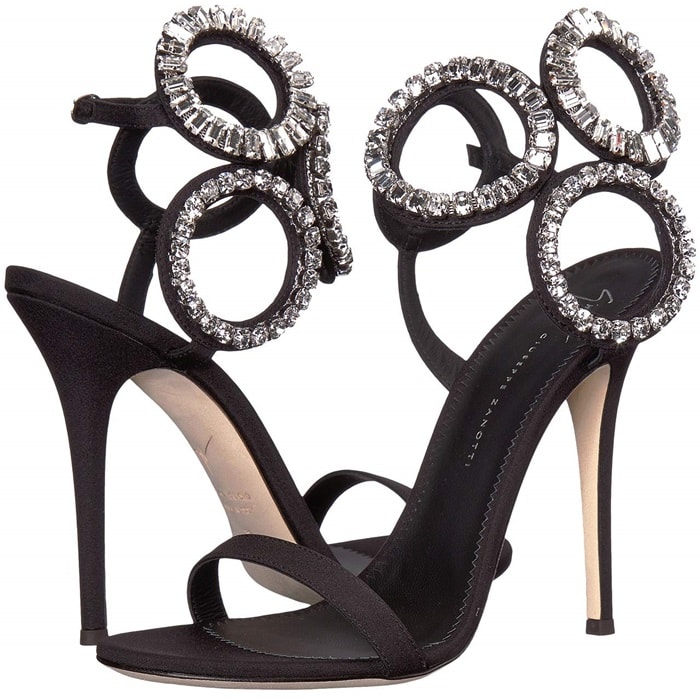 Rhinestone encrusted circular rhinestone accents at the ankle with adjustable buckle closure