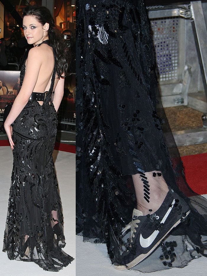 Kristen Stewart getting away with wearing Nike sneakers with a Roberto Cavalli beaded halter gown at the premiere of The Twilight Saga: Breaking Dawn – Part I