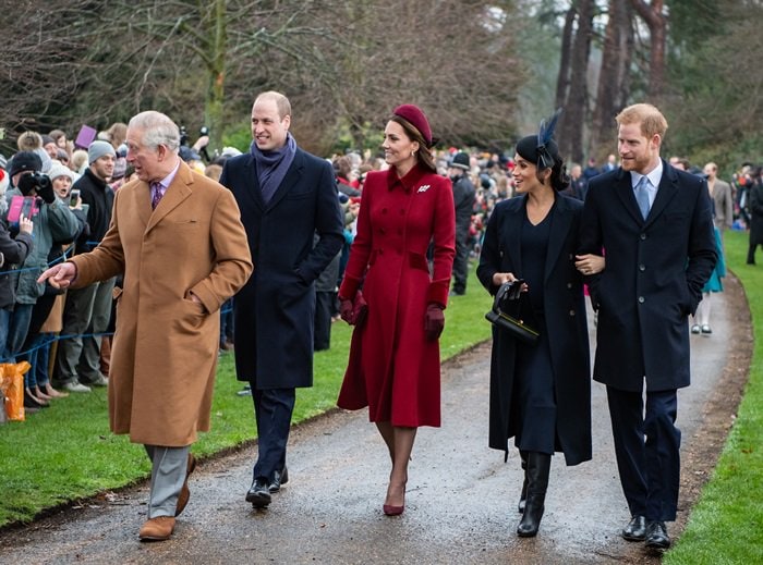 William Duke of Cambridge, Catherine Duchess of Cambridge, Meghan Duchess of Sussex, Harry Duke of Sussex, and Charles Prince of Wales