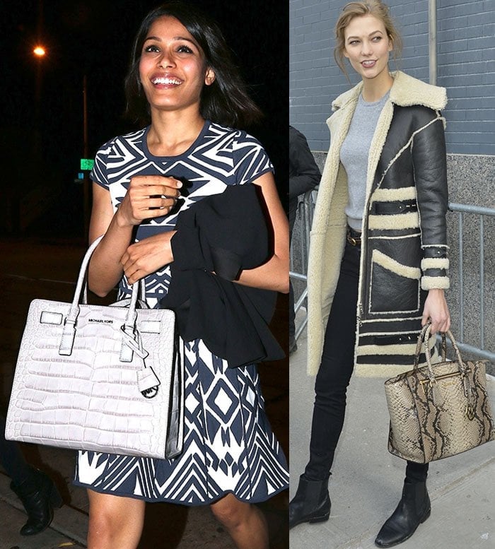 Freida Pinto and Karlie Kloss love their Michael Kors reptile print leather totes