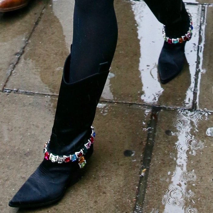 Miley Cyrus' crystal-embellished Rodeo satin boots from Casadei