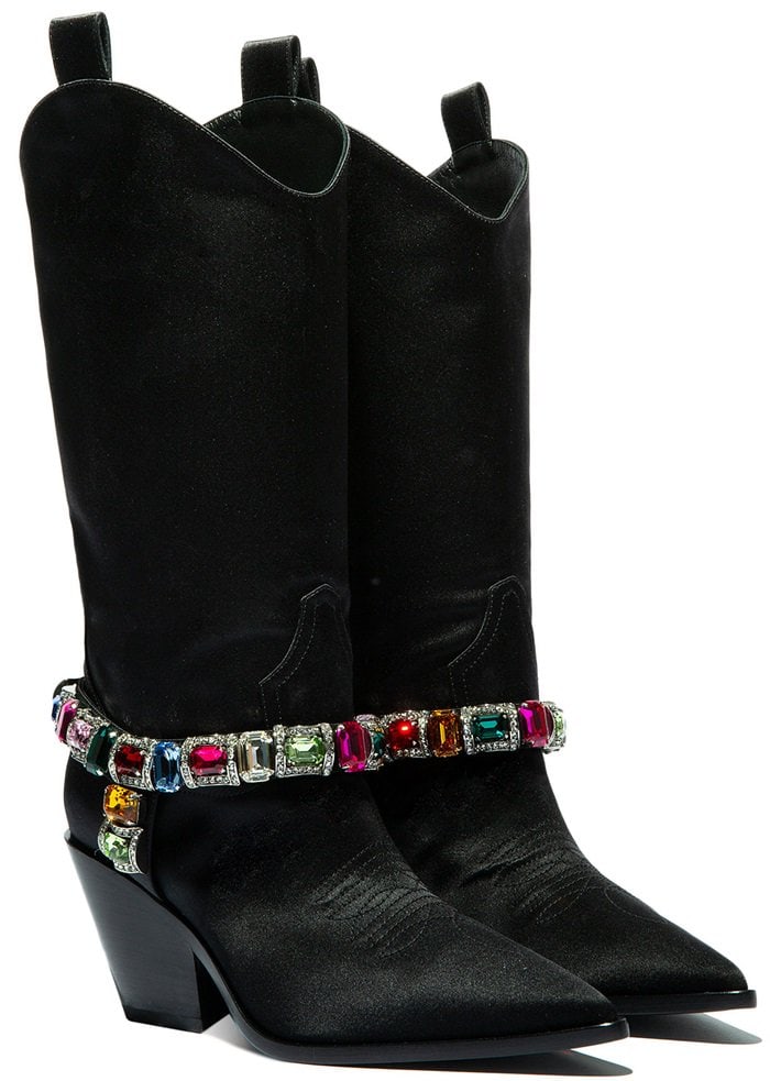 A decorative multicolor jewel adorns these metropolitan Rodeo boots from Casadei, creating an haute-couture street style model
