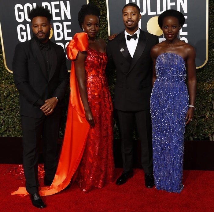 Chadwick Boseman, Danai Gurira, Lupita Nyong’o, and Michael B. Jordan at the 2019 Golden Globe Awards at the Beverly Hilton Hotel in Beverly Hills, California, on January 6, 2019
