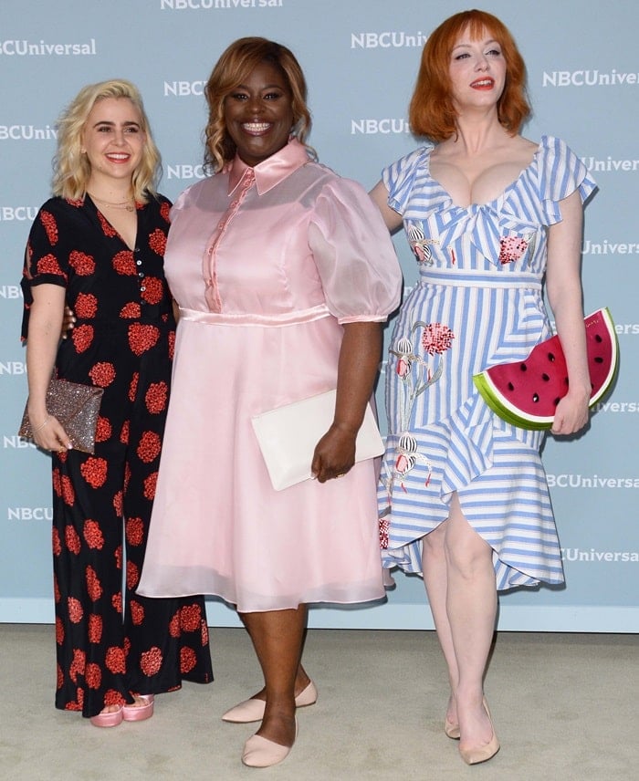 Good Girls‘ Mae Whitman, Christina Hendricks, and Retta at the NBCUniversal Upfront campaign event held at Radio City Music Hall in New York City on May 14, 2018