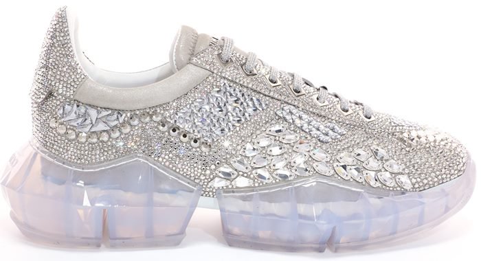 Crystal Shimmer Suede Diamond Trainers with Crystal Application and Chunky Platform