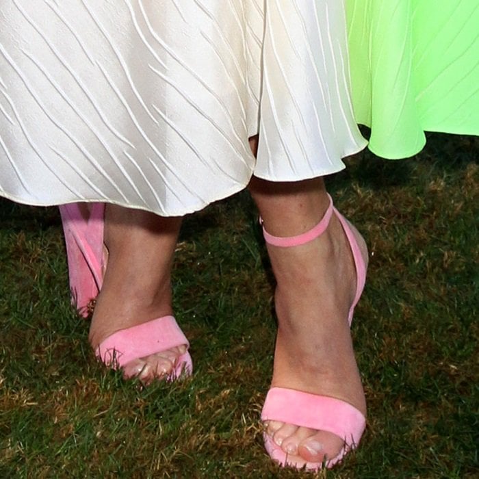 Emily Blunt shows off her feet in pink Brian Atwood Crawford sandals