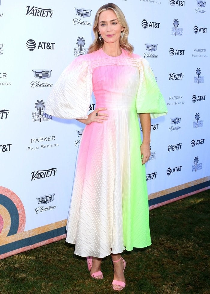 Emily Blunt's lovely Roksanda Pre-Fall 2019 dress boasted a delightful ombre effect, playfully adorned with shades of neon pink and green