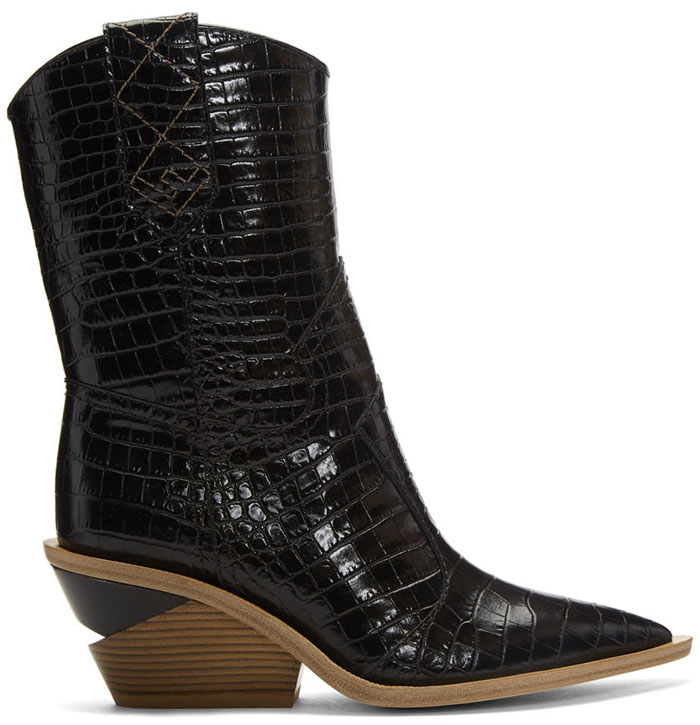 Fendi Notched-Heel Cowboy Boots in Black Croc