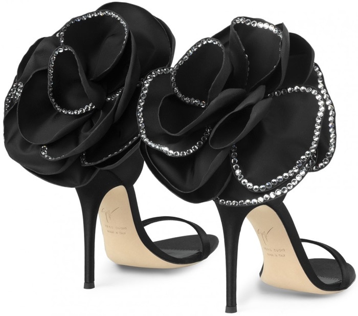 These couture sandals are made from black satin and adorned with the Peony Flower application trimmed with crystals