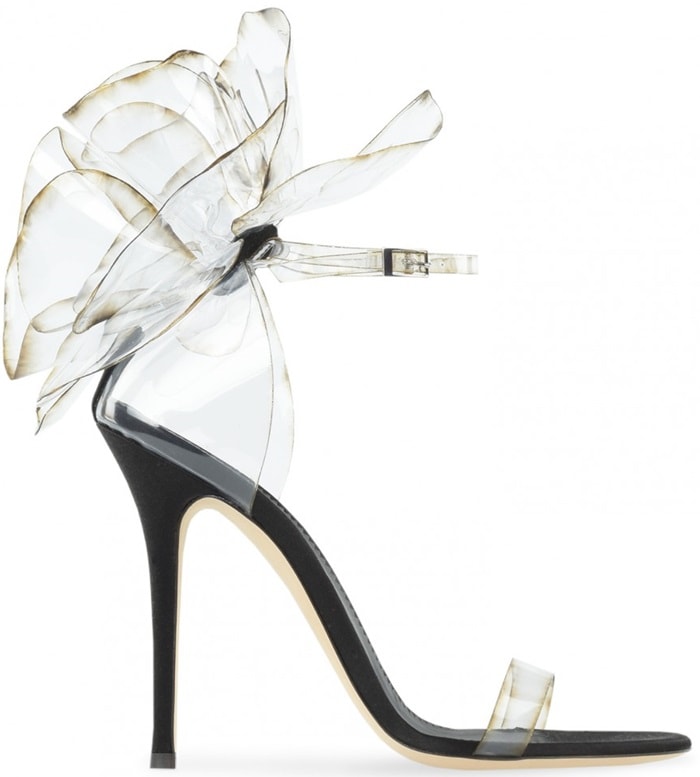 These couture sandals are made from transparent vinyl with inserts in black satin and suede