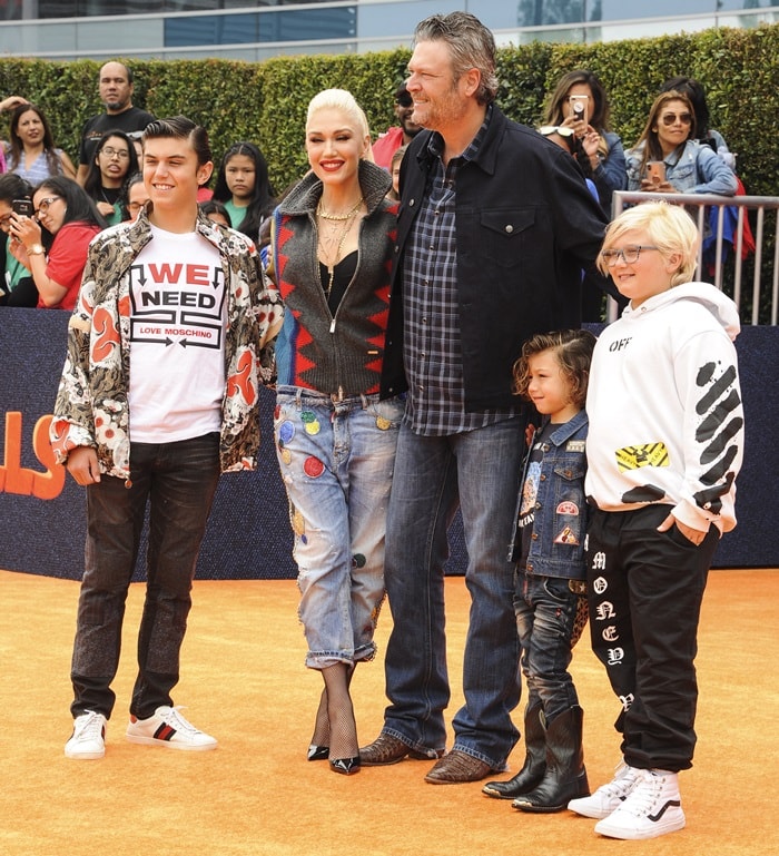 Blake Shelton with his longtime girlfriend Gwen Stefani and her kids Kingston, 12, Zuma, 10, and Apollo, 5