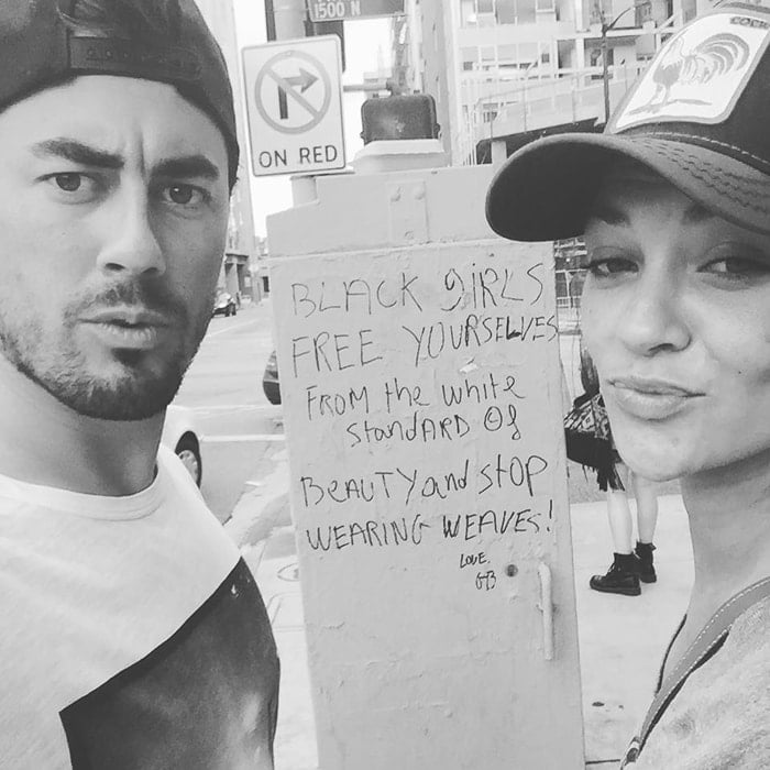 Jessica Szohr's controversial Instagram post in which she and a friend posed in front of a sign that read “Black girls, free yourselves from the white standard of beauty and stop wearing weaves!”