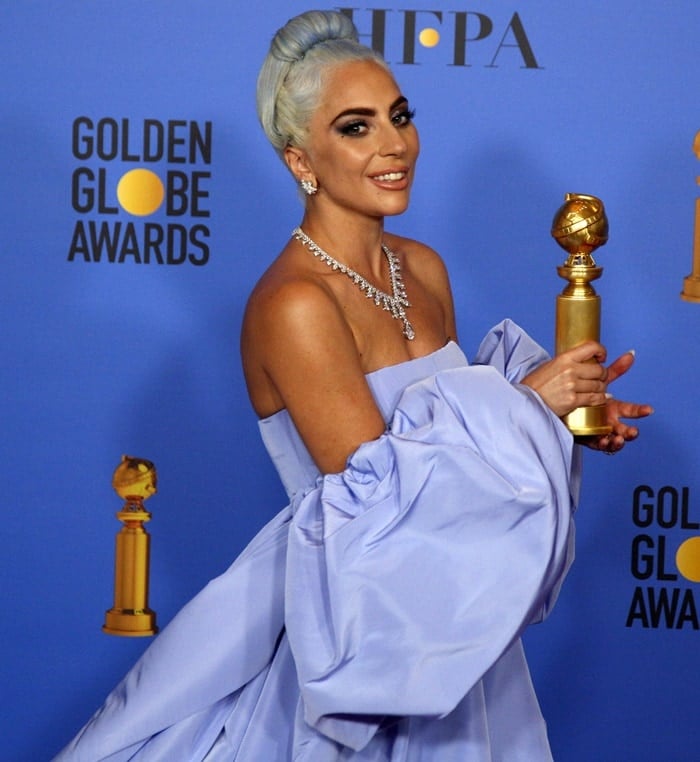 Lady Gaga with blue hair at the 2019 Golden Globe Awards at the Beverly Hilton Hotel in Beverly Hills, California, on January 6, 2019