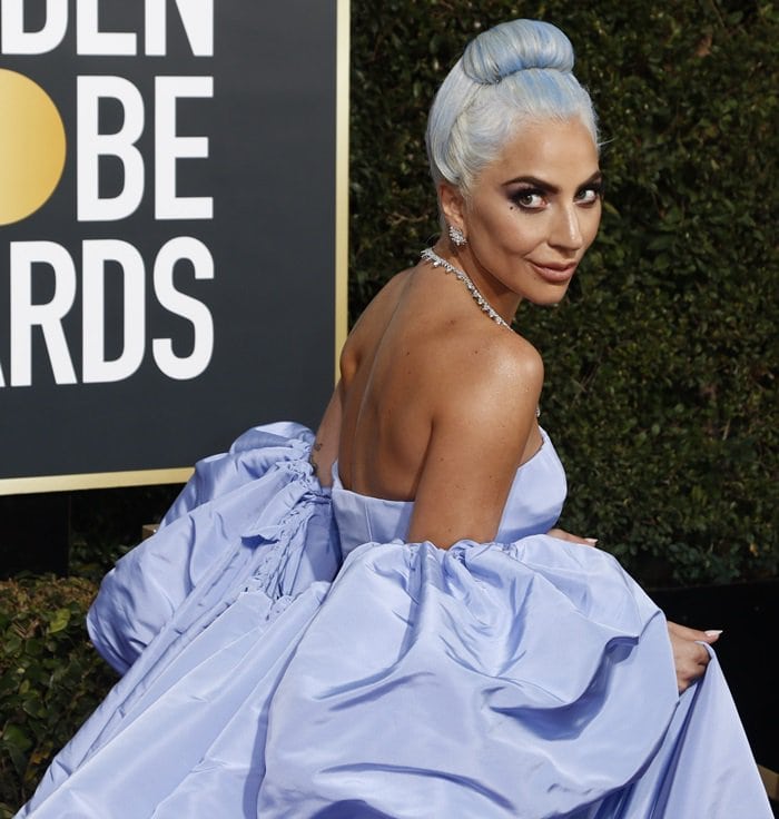 Lady Gaga in a strapless custom sky-blue Valentino gown