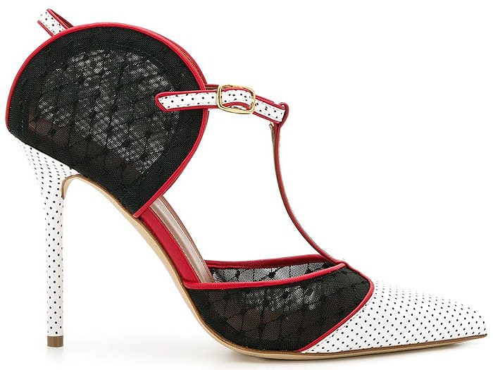 Malone Souliers 'Imogen' Leather-and-Fishnet Pumps in Black, Red, and White