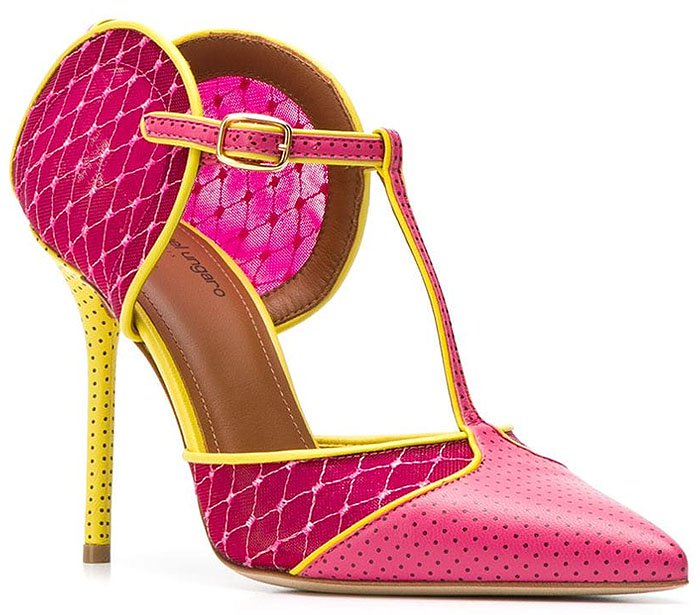 Malone Souliers 'Imogen' Leather-and-Fishnet Pumps in Fuchsia and Yellow