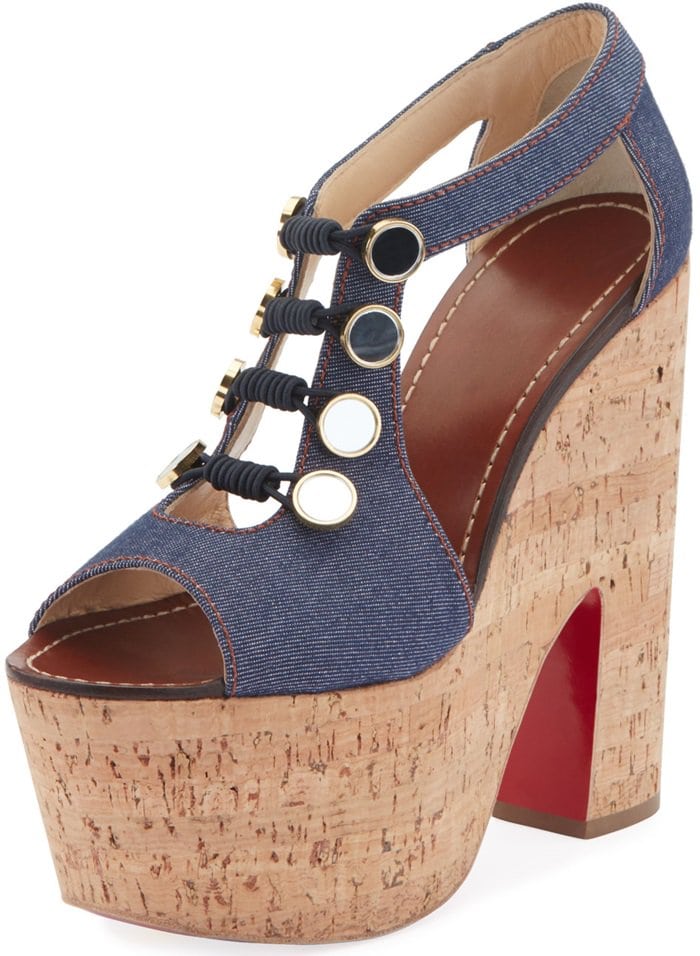 Christian Louboutin Ordonanette sandal in cotton denim, embellished with buttons and toggles on front