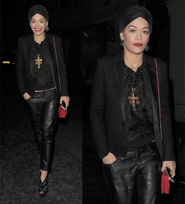 Rita Ora elegantly merges edgy and feminine styles by pairing a black blazer with leather and lace during a late birthday dinner in Mayfair, London, England, on November 27, 2013
