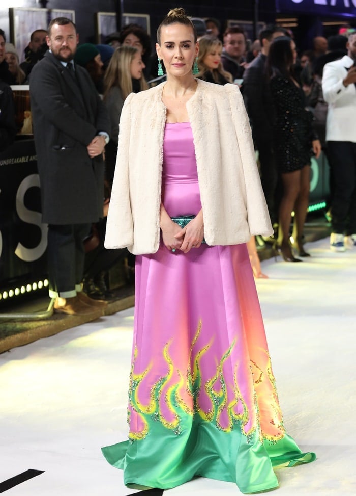 Sarah Paulson donned a custom strapless Prada embellished gown for the premiere of Glass held at the Curzon Mayfair in London, England, on January 9, 2019