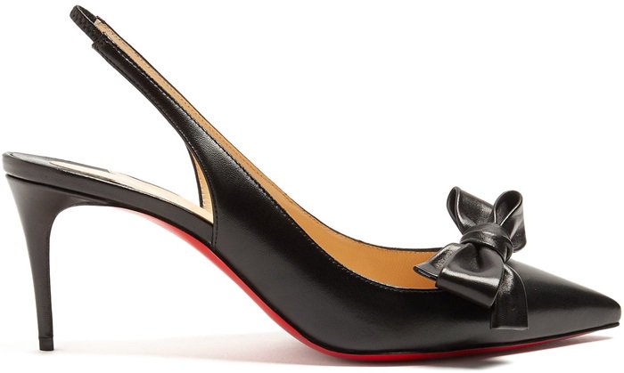 This Italian-crafted pair is adorned with a complementing bow at the pointed toe, and detailed with a slender slingback strap before being set on a manageable stiletto heel