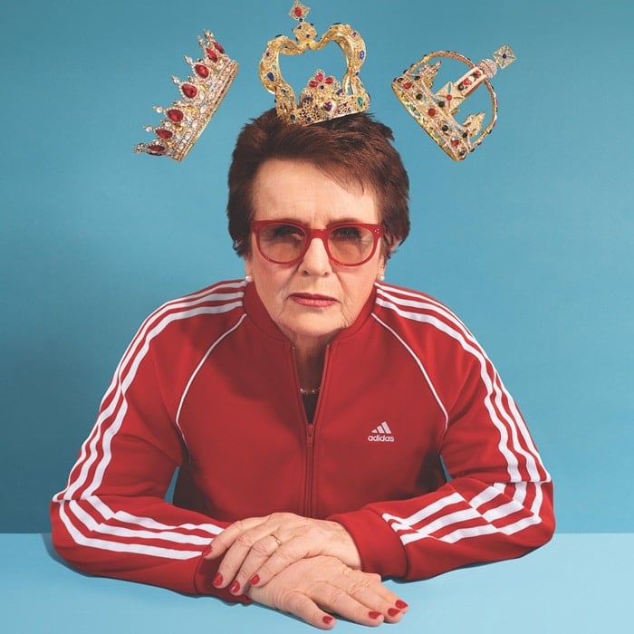 Billie Jean King in a red tracksuit featuring Adidas' mountain logo