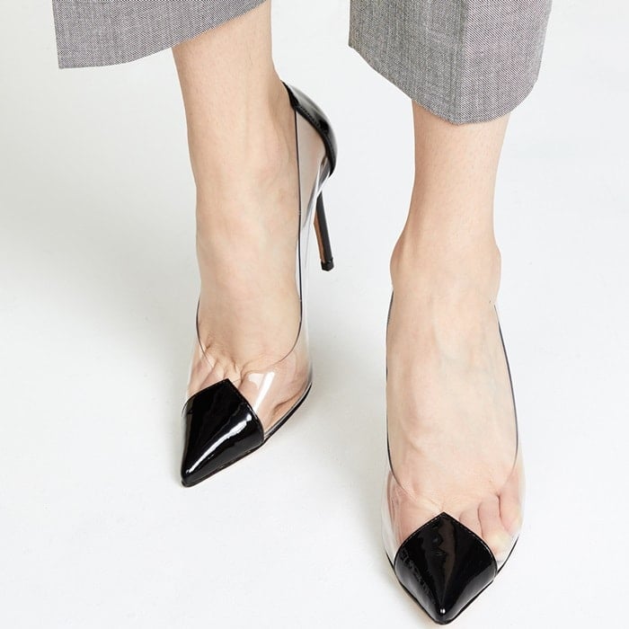 High-heeled pumps with clear, vinyl panels and neutral details for a chic take on the transparent trend