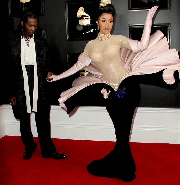 Cardi B with her confused husband Offset on the red carpet at the 2019 Grammy Awards at the Staples Center in Los Angeles on February 10, 2019