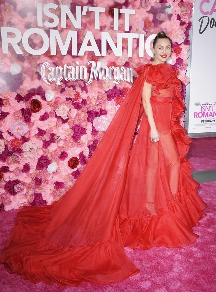 Miley Cyrus at the premiere of Liam Hemsworth‘s new movie Isn’t It Romantic at The Theatre at Ace Hotel in Los Angeles on February 11, 2019