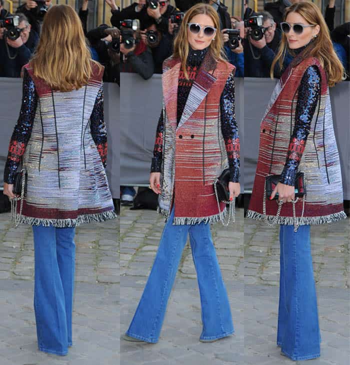 Fashion Forward: Olivia Palermo wows in wide-legged jeans paired with a vest and sequined sweater – a chic nod to '70s elegance