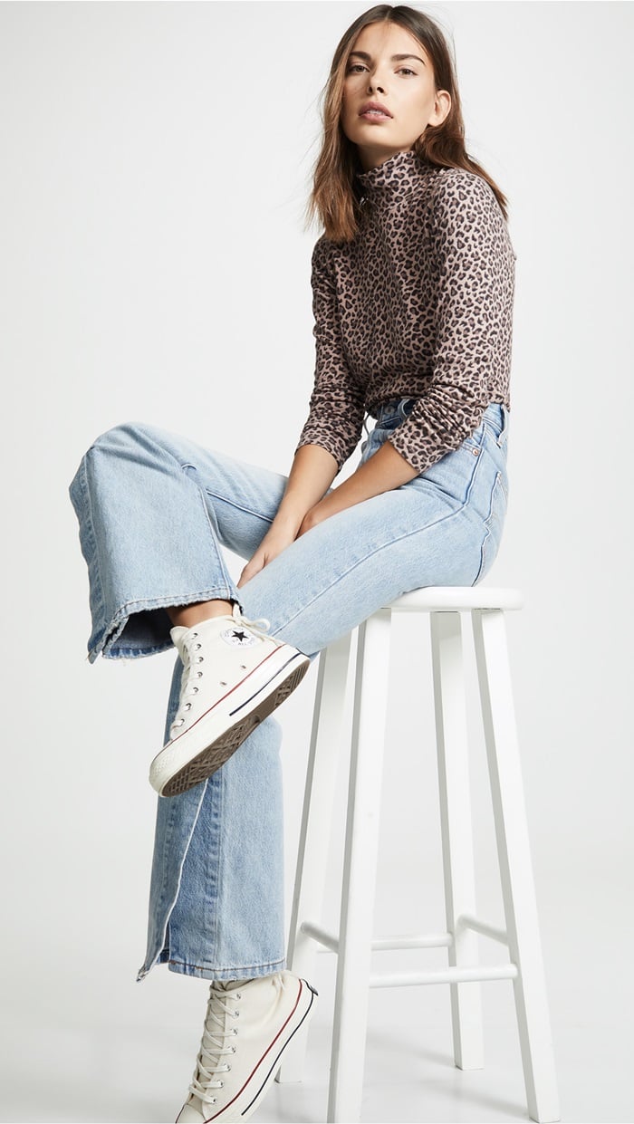 Take it up a notch with these sky-high nonstretch-denim jeans that define your waist and relax into split, flared hems.