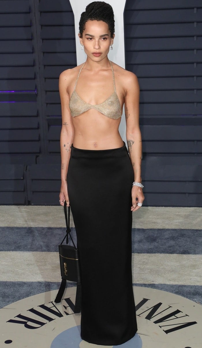 Zoë Kravitz in a black Yves Saint Laurent column skirt at the 2019 Vanity Fair Oscar Party held at the Wallis Annenberg Center for the Performing Arts in Beverly Hills, California, on February 24, 2019