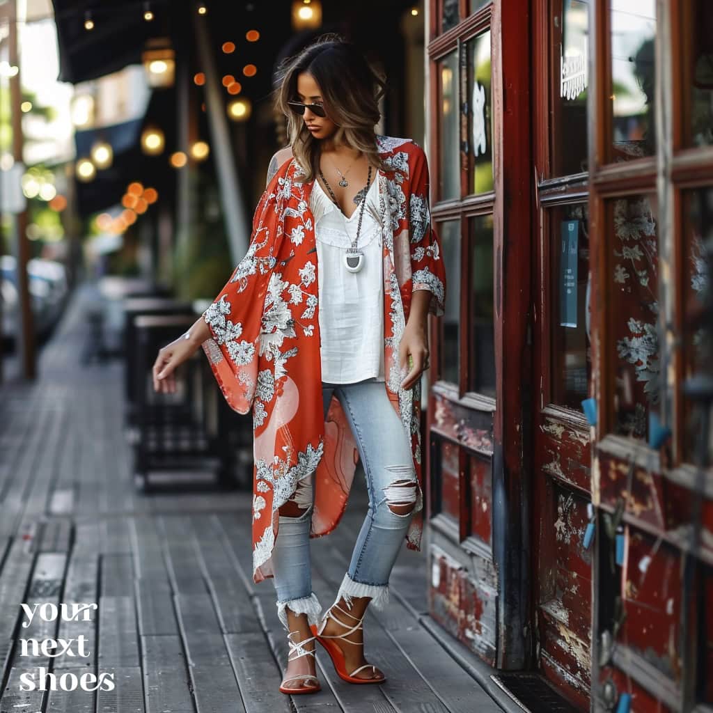 A chic ensemble featuring a red floral kimono perfectly draped over distressed jeans and a white tank, complemented by stylish lace-up sandals for a polished, bohemian look