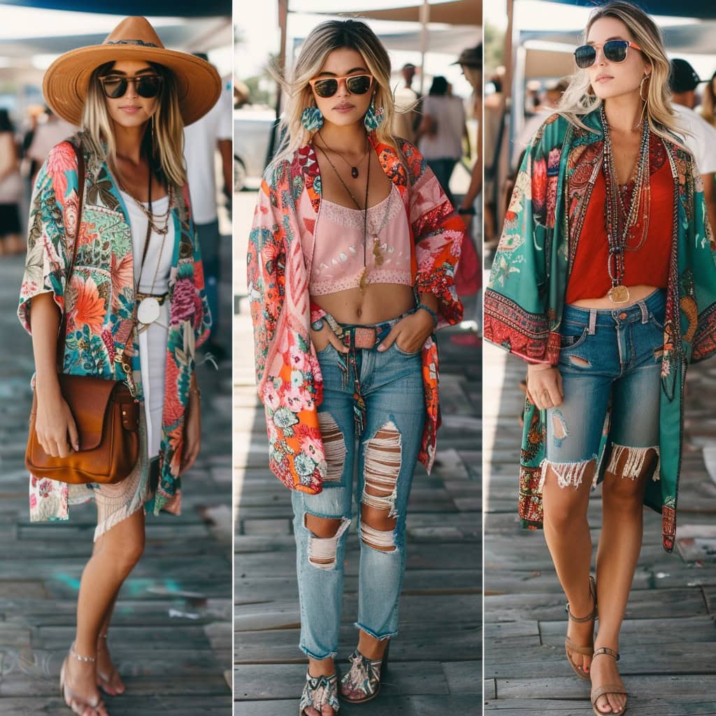Three distinct boho chic looks featuring floral kimonos paired with rugged jeans and detailed accessories, perfect for a festival or a laid-back weekend outing