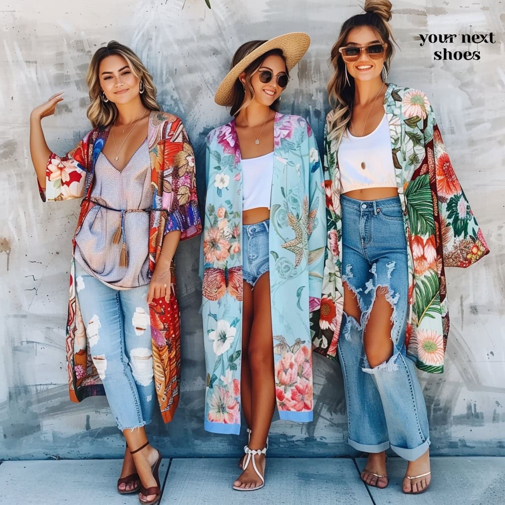 Three friends showcase a vibrant summer style, layering colorful floral kimonos over casual denim outfits, accented with chic accessories for a perfect sunny day look