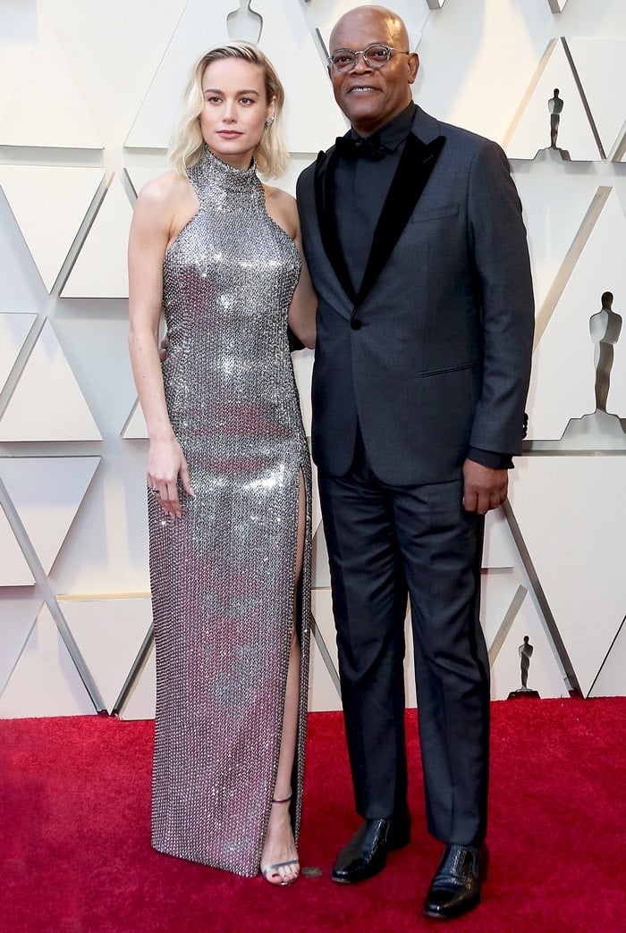 Brie Larson posed with her Captain Marvel co-star Samuel L. Jackson on the red carpet at the 2019 Academy Awards at the Dolby Theatre in Los Angeles on February 24, 2019