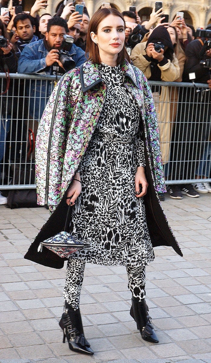 Emma Roberts in clashing floral and black-and-white prints for the Louis Vuitton Fall 2019 show