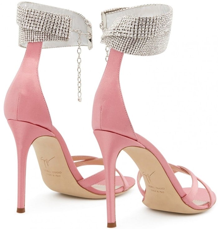 These lipstick pink satin stiletto sandals are adorned with crystal collar around the ankle