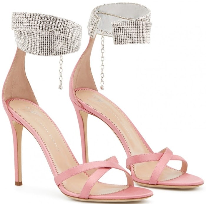 These lipstick pink satin stiletto sandals are adorned with crystal collar around the ankle