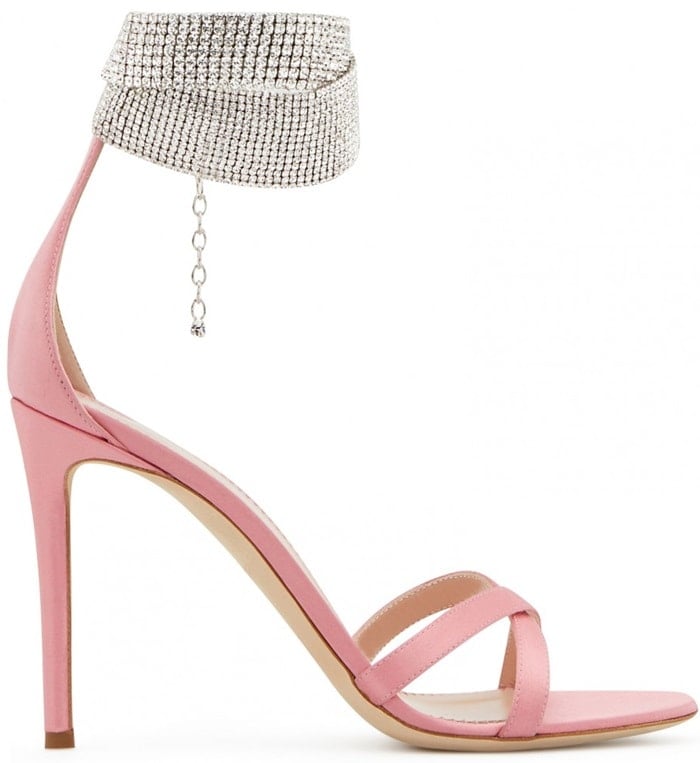 These lipstick pink satin stiletto sandals are adorned with crystal collar around the ankle