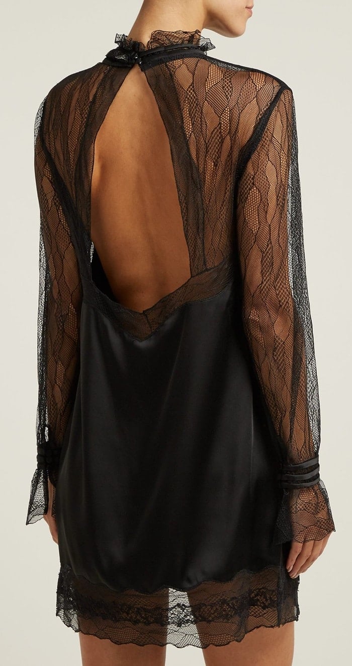 Sheer lace adorns the chest and sleeves and borders the ruffled neck and hem, while a cut-out back enhances the sensual appeal