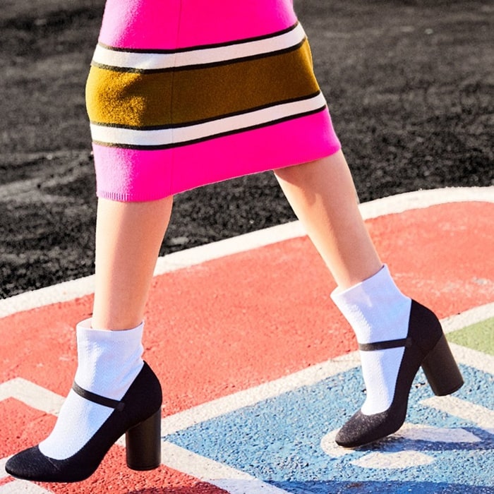 A fresh spin on schoolgirl chic, these Mary Jane heels bring new definition to back to school style with their stretch knit design and bold cylinder heel