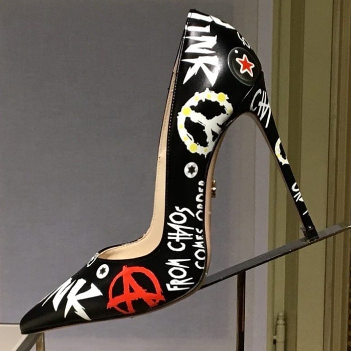Le Silla Graffiti Punk Pumps feature rebellious designs like peace symbols, anarchy logos, and bold slogans