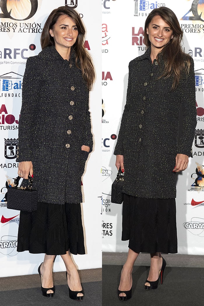 Penelope Cruz in a Chanel Fall 2018 long bouclé coat and Christian Louboutin peep-toe pumps at the 2019 Union De Actores Awards at the Circo Price Theatre in Madrid, Spain, on March 11, 2019