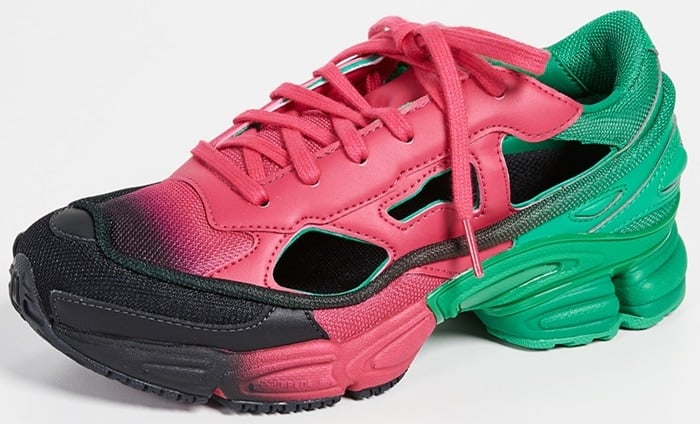  Sneakers showcasing a gradient tonal colourway of black, green and pink leather