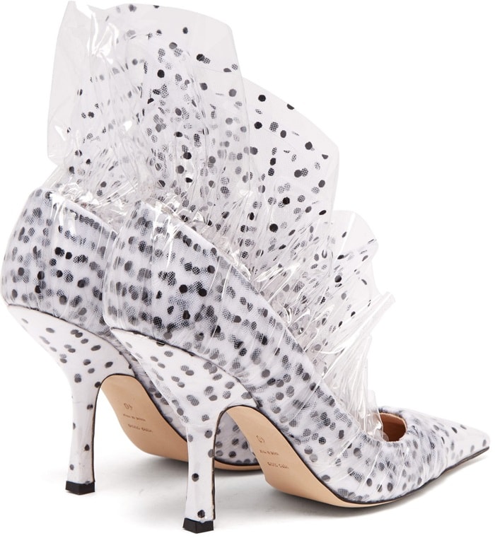Situated within the debut collection, these Shell pumps have been a star signature with elaborate polka-dotted tulle and PVC ruffles that explode enthusiastically along the topline
