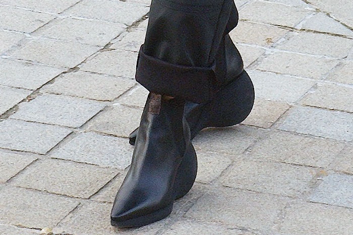 Closeup of the Louis Vuitton pointy-toe booties with bulbous wedge heels