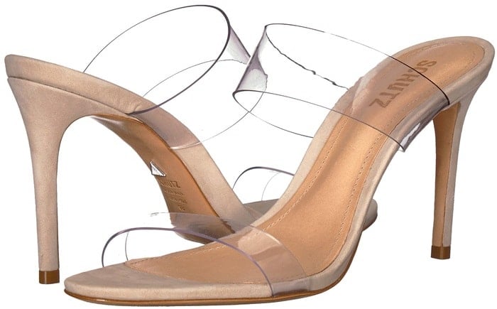 Translucent straps emulate Cinderella's glass slipper on a barely-there shoe you'll wear past midnight