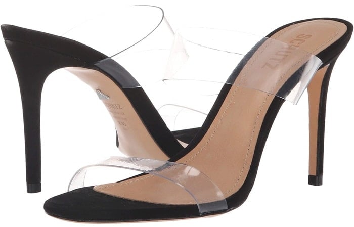 Translucent straps emulate Cinderella's glass slipper on a barely-there shoe you'll wear past midnight