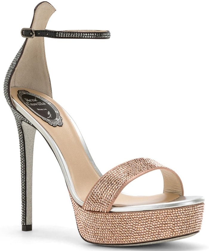 Two-tone satin sandals in grey and nude studded with tone-on-tone rhinestones