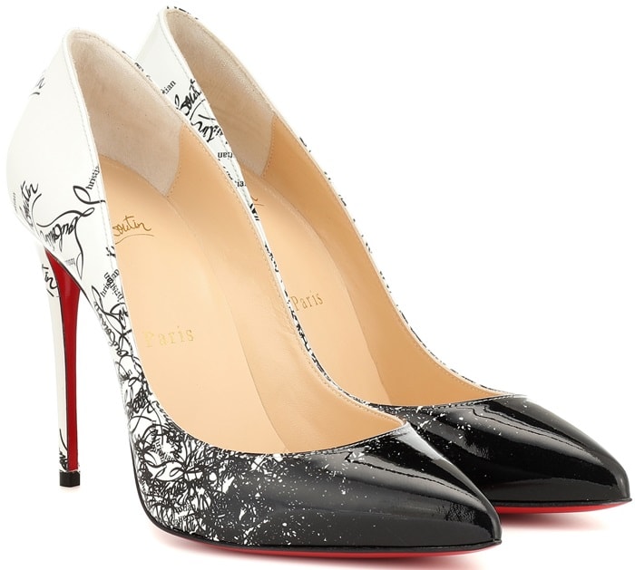 The Italian-made pair sits atop slender 100mm stiletto heels, allowing their distinctive red soles to pop